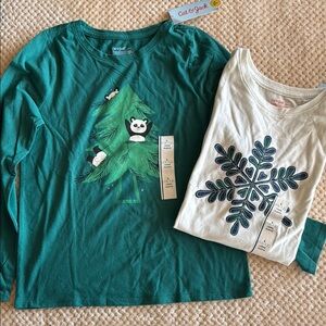 Cat & Jack Green and Cream Long Sleeve Holiday Tees